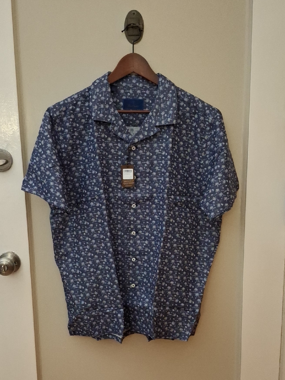 NWT David Donahue Men's Short-Sleeve Blue Printed Camp Collar Shirt_1